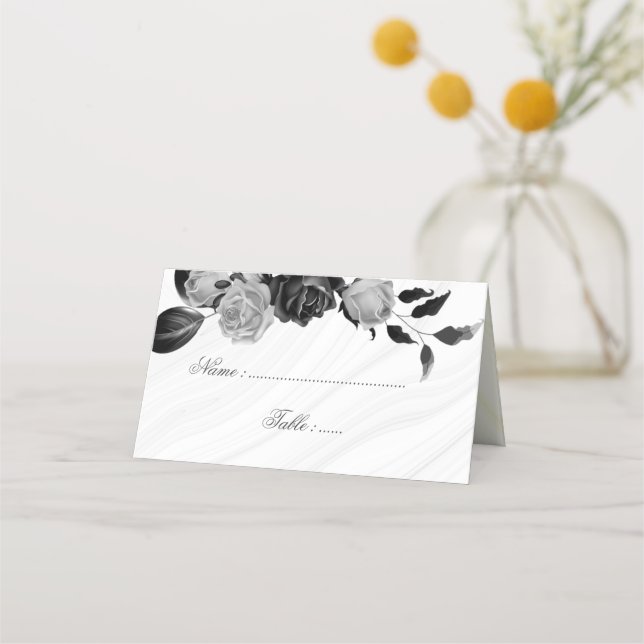 elegant silver & black flowers place card (Front)
