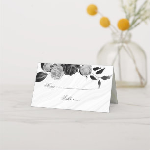 elegant silver & black flowers place card