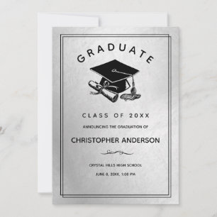 Elegant Silver Black Grad Cap Diploma Graduation Announcement