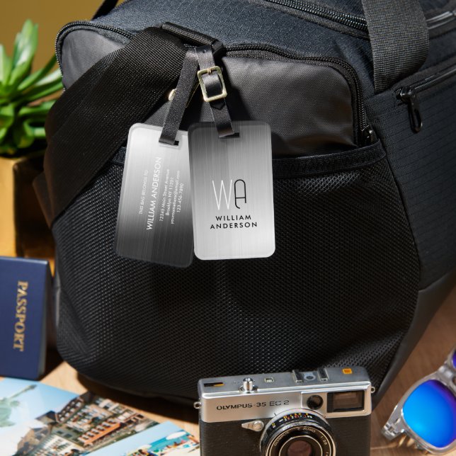 Elegant Silver & Black Metallic Brushed Monogram Luggage Tag (Front & Back)