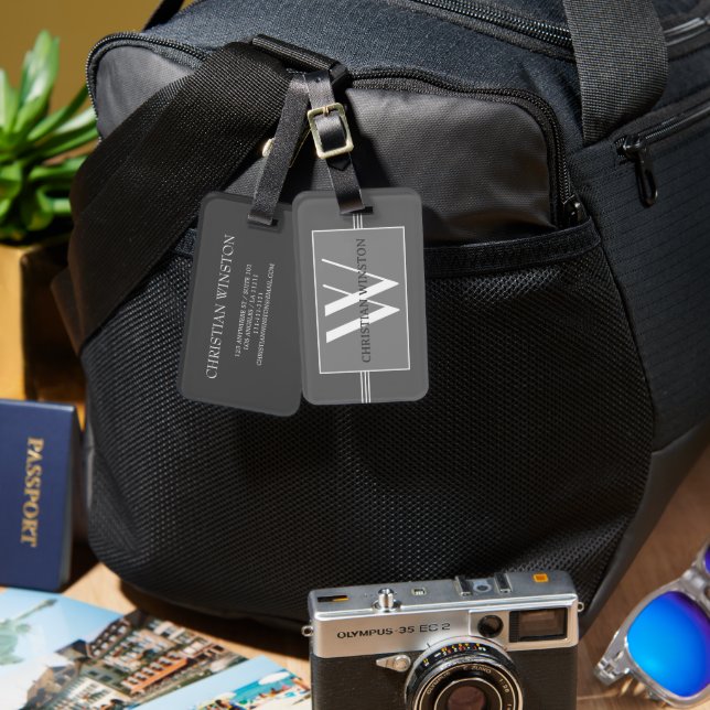 Elegant silver Black monogrammed Name Personalised Luggage Tag (Front & Back)