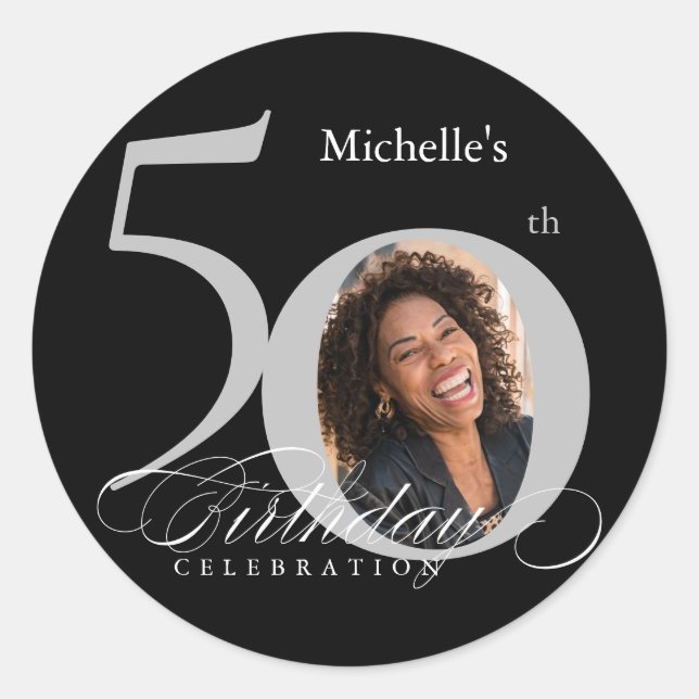 Elegant Silver Black Photo 50th Birthday Classic Round Sticker (Front)