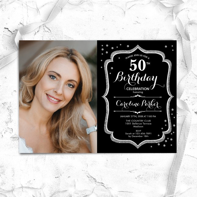 Elegant Silver Black Photo 50th Birthday Invitation (Creator Uploaded)