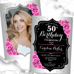Elegant Silver Black Pink Photo 50th Birthday Invitation<br><div class="desc">Elegant floral feminine 50th birthday invitation with your photo at the back of the card. Glam design with faux silver. Features pink roses, script font and confetti. Perfect for a stylish adult bday celebration party. Personalise with your own details. Can be customised for any age! Printed Zazzle invitations or instant...</div>