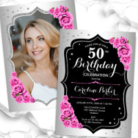 Elegant Silver Black Pink Photo 50th Birthday