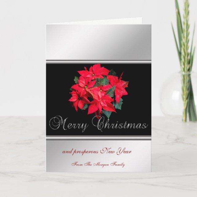 Elegant Silver, Black, Poinsettia -Personalised Holiday Card (Front)