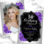 Elegant Silver Black Purple Photo 50th Birthday Invitation<br><div class="desc">Elegant floral feminine 50th birthday invitation with your photo at the back of the card. Glam design with faux silver. Features purple roses, script font and confetti. Perfect for a stylish adult bday celebration party. Personalise with your own details. Can be customised for any age! Printed Zazzle invitations or instant...</div>