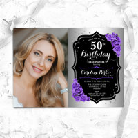 Elegant Silver Black Purple Photo 50th Birthday