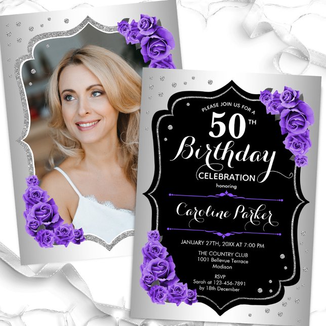 Elegant Silver Black Purple Photo 50th Birthday Invitation (Creator Uploaded)