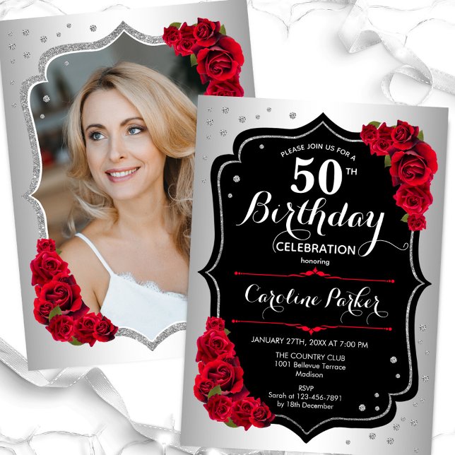 Elegant Silver Black Red Photo 50th Birthday Invitation (Creator Uploaded)