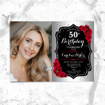Elegant Silver Black Red Roses Photo 50th Birthday Invitation<br><div class="desc">Elegant floral feminine 50th birthday invitation with your photo. Glam design with faux silver. Features red roses,  script font and confetti. Perfect for a stylish adult bday celebration party. Personalise with your own details. Can be customised for any age! Printed Zazzle invitations or instant download digital printable template.</div>