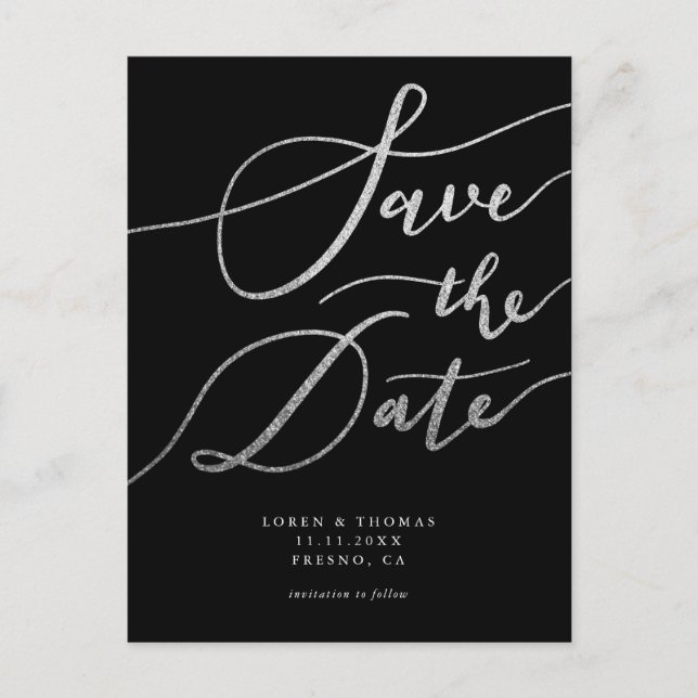 Elegant Silver Black Script Wedding Save The Date Announcement Postcard (Front)