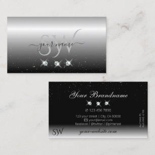 Elegant Silver Black Sparkling Diamonds Initials Business Card