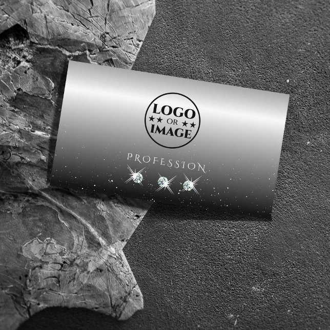 Elegant Silver Black Sparkling Diamonds with Logo Business Card (Creator Uploaded)