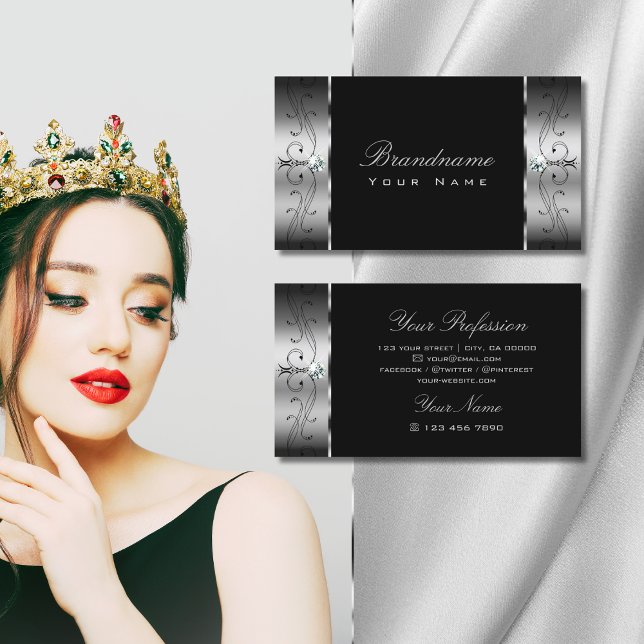 Elegant Silver Black Squiggled Jewels Ornamental Business Card (Creator Uploaded)