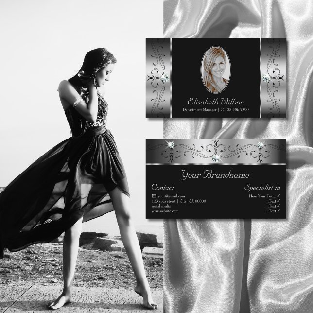 Elegant Silver Black Squiggled Jewels with Photo Business Card (Creator Uploaded)