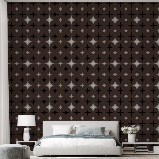 Elegant Silver & Black Stars on Chocolate Brown Wallpaper (Bedroom)