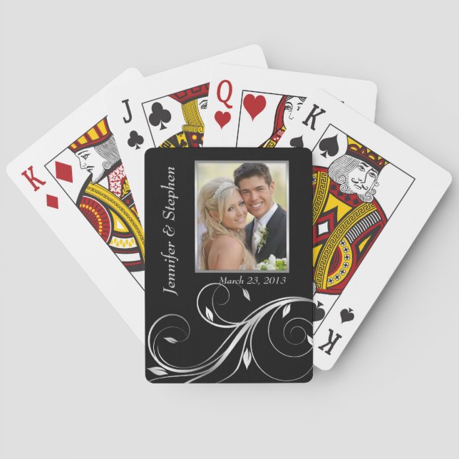 Elegant Silver & Black Wedding Photo Playing Cards (Back)