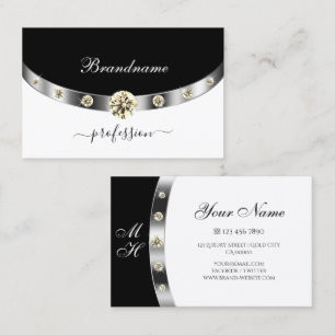 Elegant Silver  Black White Monogram and Diamonds  Business Card