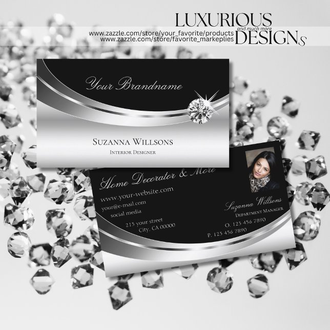 Elegant Silver Black with Photo & Sparkle Diamond Business Card (Creator Uploaded)