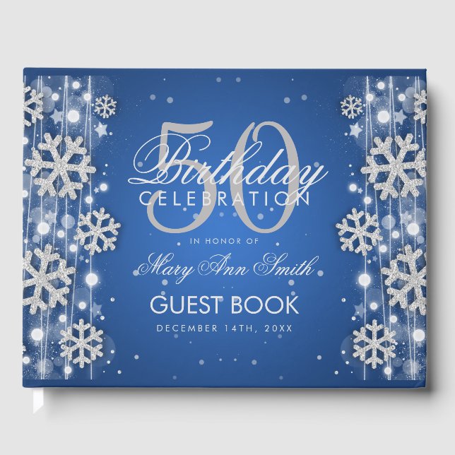 Elegant Silver Blue 50th Birthday Winter Glitter Guest Book (Front)