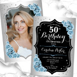 Elegant Silver Blue Black Photo 50th Birthday Invitation<br><div class="desc">Elegant floral feminine 50th birthday invitation with your photo at the back of the card. Glam design with faux silver. Features light dusty blue roses, script font and confetti. Perfect for a stylish adult bday celebration party. Personalise with your own details. Can be customised for any age! Printed Zazzle invitations...</div>