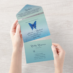 Elegant Silver Blue Butterfly Wedding  All In One Invitation