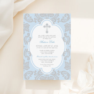 Elegant Silver Blue Damask Baby Boy Baptism Invitation