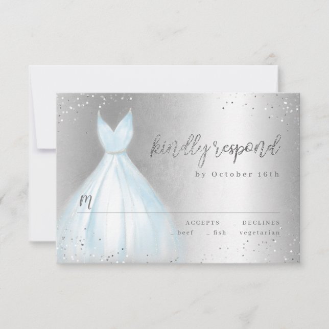 Elegant silver blue dress quinceañera RSVP Card (Front)