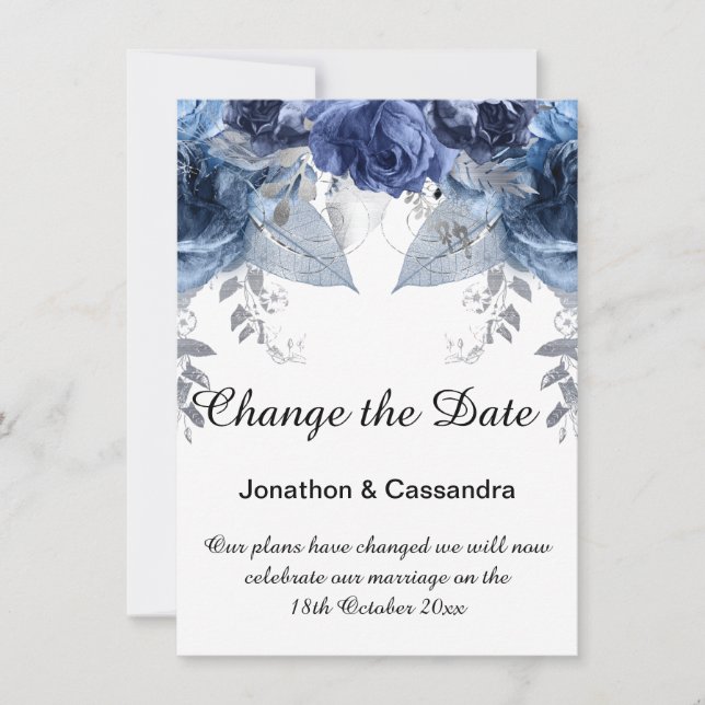 ELEGANT SILVER BLUE FLORAL CHANGE THE DATE (Front)