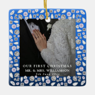 Elegant Silver Blue Heart Diamond First Christmas Ceramic Ornament