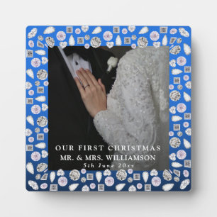 Elegant Silver Blue Heart Diamond First Christmas Plaque