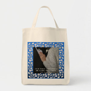 Elegant Silver Blue Heart Diamond First Christmas Tote Bag