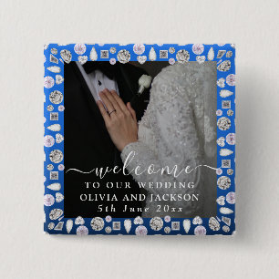 Elegant Silver Blue Heart Diamond Glitter Wedding  15 Cm Square Badge