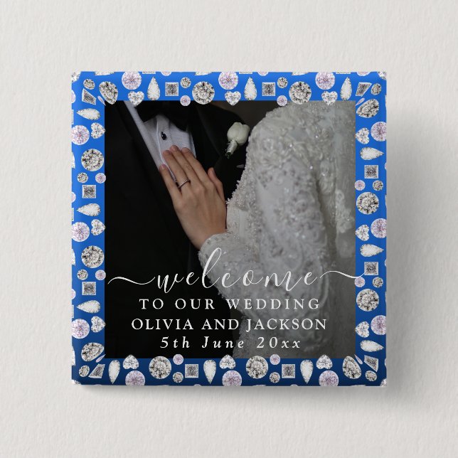 Elegant Silver Blue Heart Diamond Glitter Wedding  15 Cm Square Badge (Front)