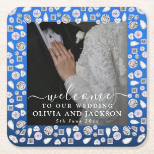 Elegant Silver Blue Heart Diamond Glitter Wedding Square Paper Coaster