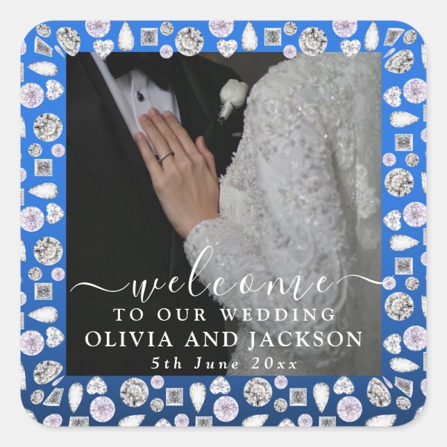 Elegant Silver Blue Heart Diamond Glitter Wedding  Square Sticker (Front)