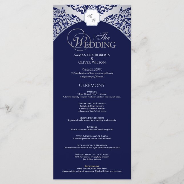 Elegant Silver Blue Monogram Wedding Program Programme (Front)
