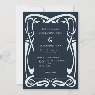Elegant Silver Blue on Blue-Black Vintage Ribbon Invitation
