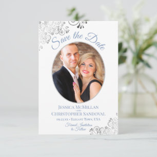 Elegant Silver & Blue on White Photo Wedding Save The Date