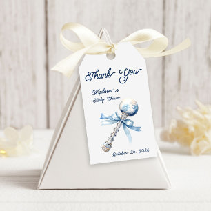 Elegant Silver Blue Rattle Bow Baby Shower Gift Tags