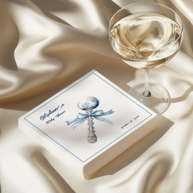 Elegant Silver Blue Rattle Bow Baby Shower Napkin (Creator Uploaded)