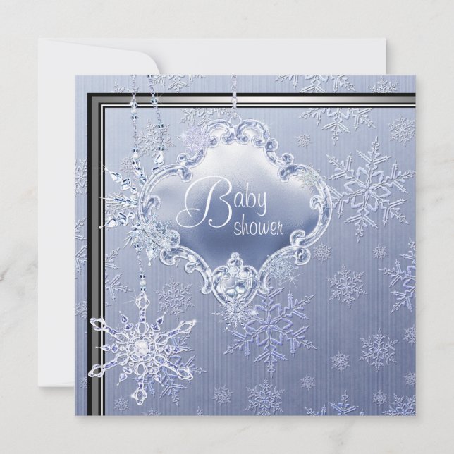 Elegant Silver Blue Snowflake Baby Boy Shower Invitation (Front)