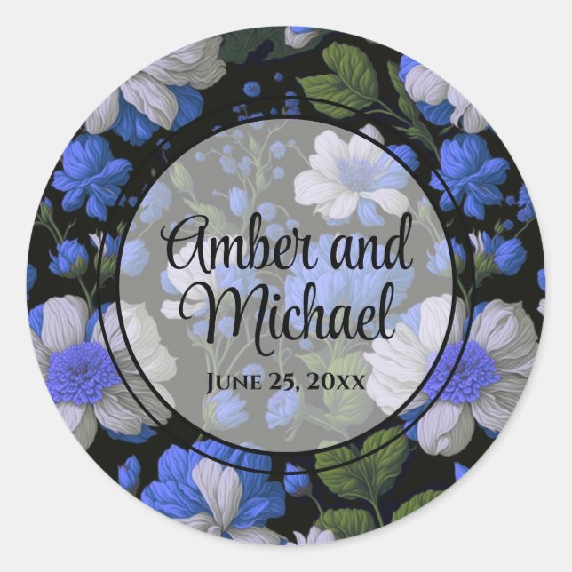 Elegant silver blue white elegant retro florals  classic round sticker (Front)