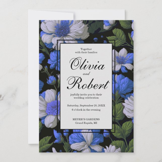 Elegant silver blue white elegant retro florals invitation (Front)