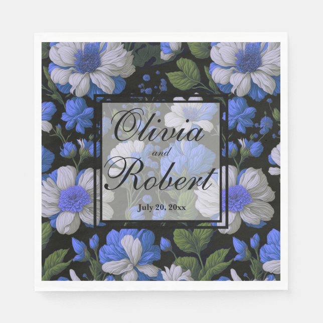 Elegant silver blue white elegant retro florals  napkin (Front)