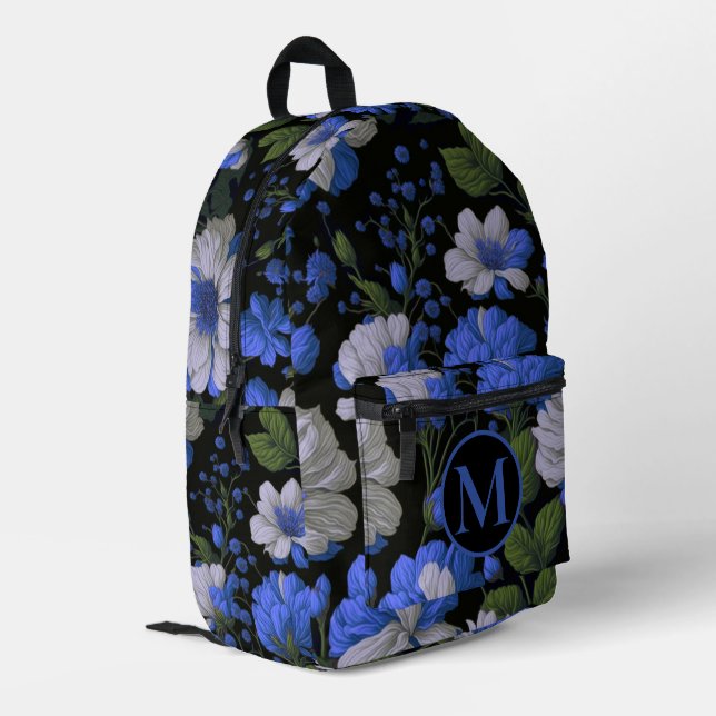Elegant silver blue white elegant retro florals  printed backpack (Back Corner Left)
