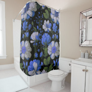Elegant silver blue white elegant retro florals shower curtain
