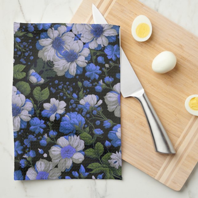 Elegant silver blue white elegant retro florals tea towel (Quarter Fold)