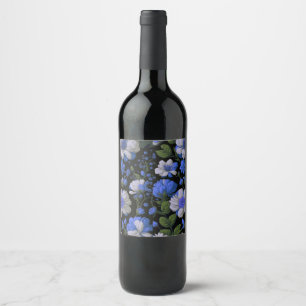 Elegant silver blue white elegant retro florals wine label